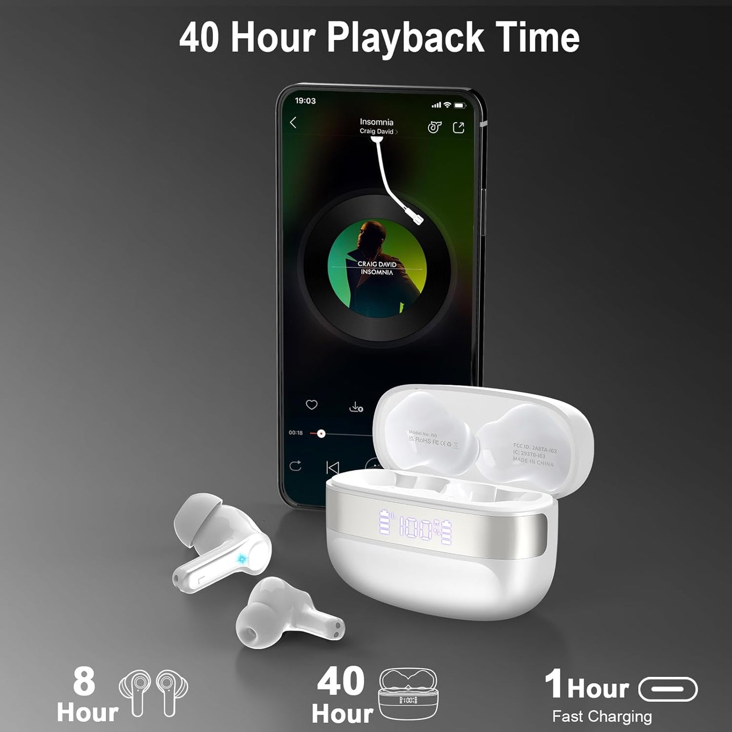 Auriculares inalambricos bluetooth 5.3 con sonido envolvente HIFI, 4 micrófonos ENC, pantalla LED, 40 horas de reproducción, Impermeables IPX7, Cascos inalambricos bluetooth para iOS y Android. Blanco