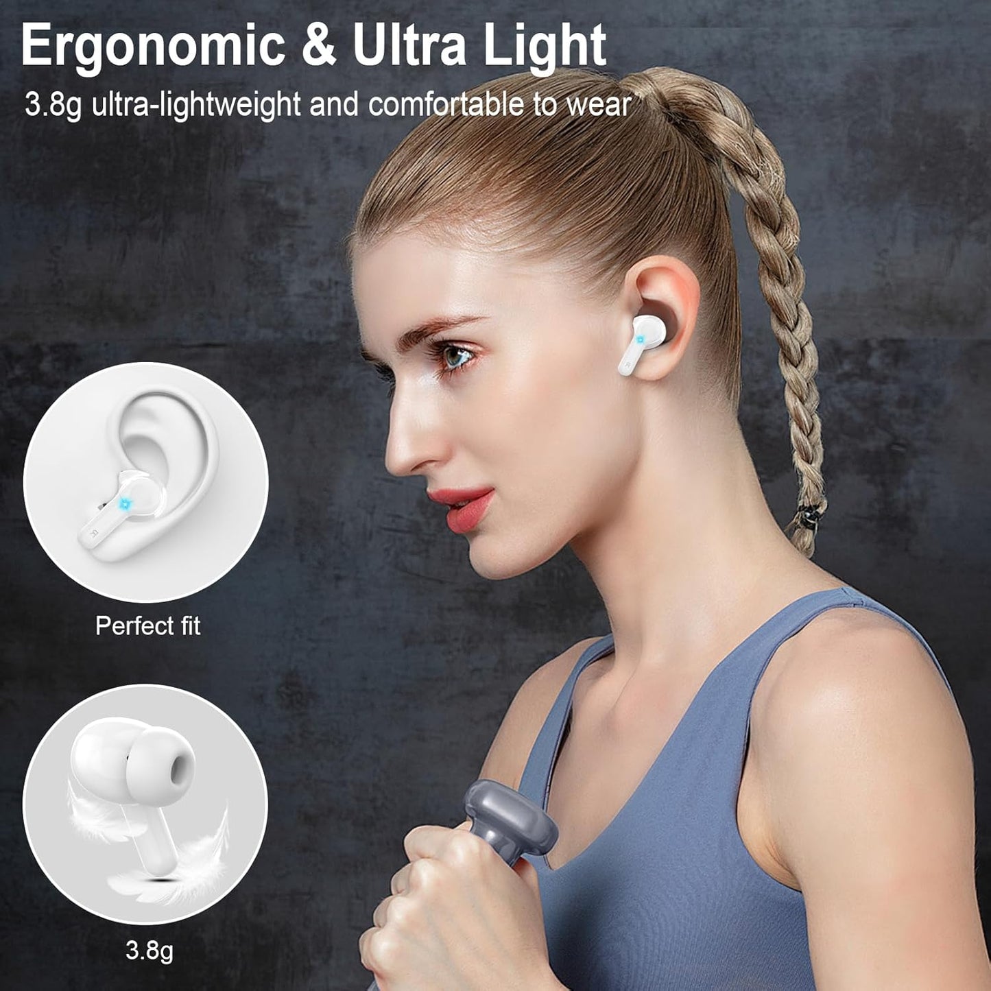 Auriculares inalambricos bluetooth 5.3 con sonido envolvente HIFI, 4 micrófonos ENC, pantalla LED, 40 horas de reproducción, Impermeables IPX7, Cascos inalambricos bluetooth para iOS y Android. Blanco