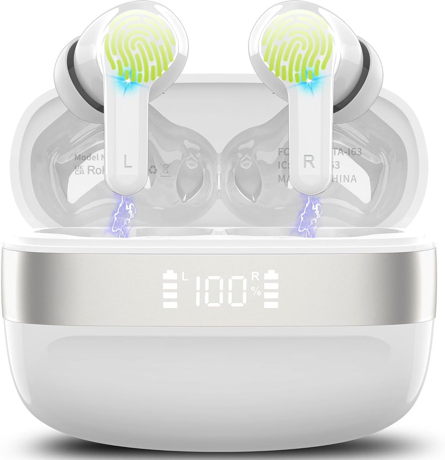 Auriculares inalambricos bluetooth 5.3 con sonido envolvente HIFI, 4 micrófonos ENC, pantalla LED, 40 horas de reproducción, Impermeables IPX7, Cascos inalambricos bluetooth para iOS y Android. Blanco