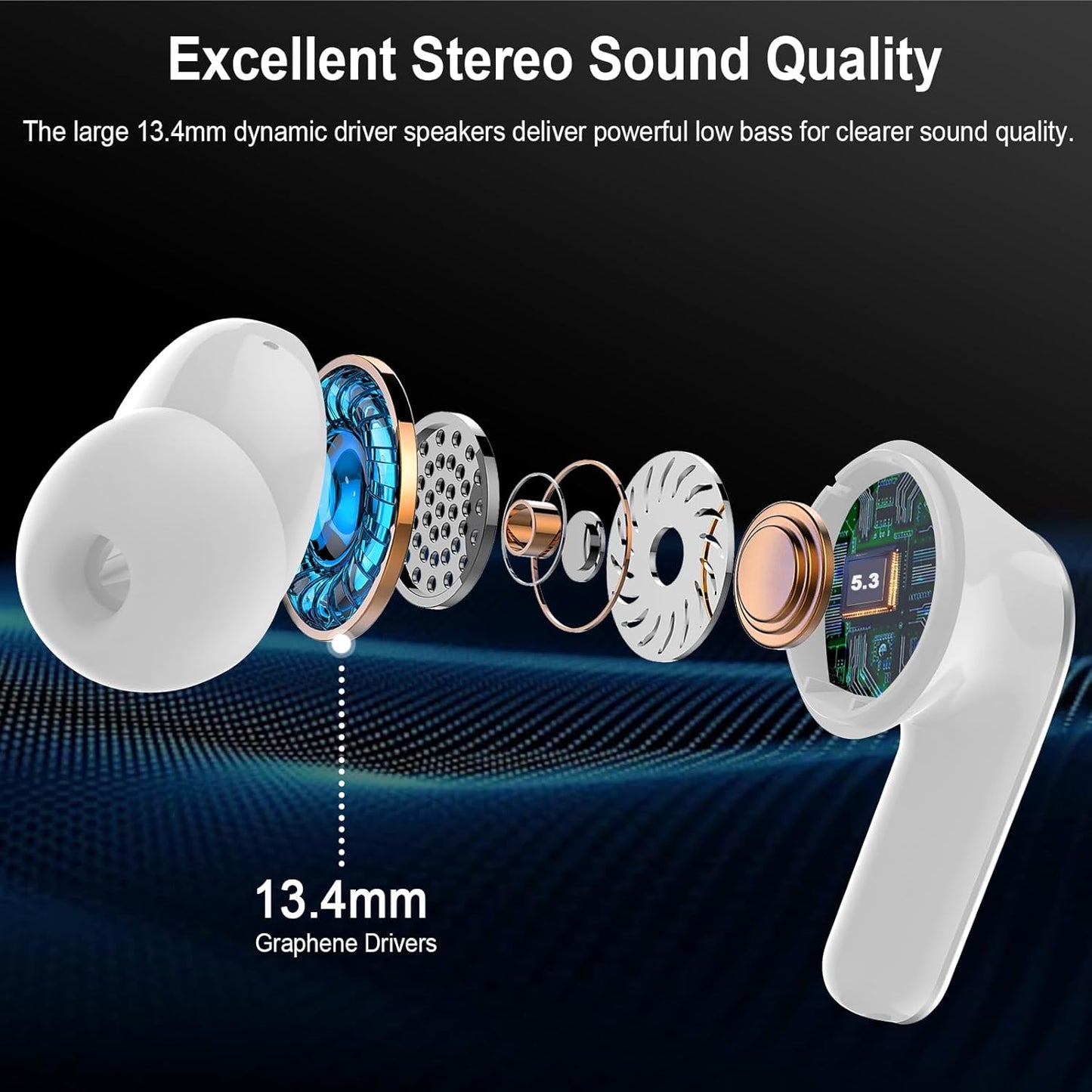 Auriculares inalambricos bluetooth 5.3 con sonido envolvente HIFI, 4 micrófonos ENC, pantalla LED, 40 horas de reproducción, Impermeables IPX7, Cascos inalambricos bluetooth para iOS y Android. Blanco