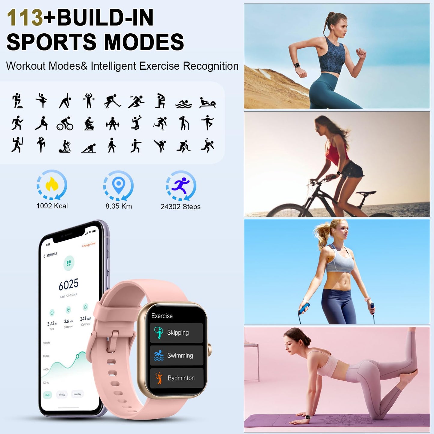 Reloj Inteligente Hombre Mujer, 2025 Nuevo Smartwatch 1.96" HD con Llamadas Bluetooth, Pulsómetro/Monitor de Sueño/Podómetro, 113+ Modos Deportivos, Impermeable IP68 Pulsera Actividad para iOS Android