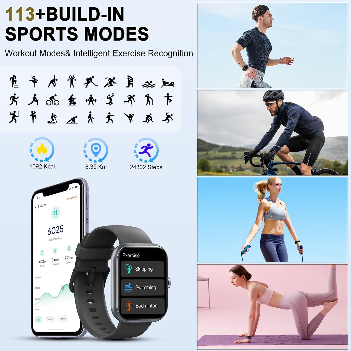 Reloj Inteligente Hombre Mujer, 2025 Nuevo Smartwatch 1.96" HD con Llamadas Bluetooth, Pulsómetro/Monitor de Sueño/Podómetro, 113+ Modos Deportivos, Impermeable IP68 Pulsera Actividad para iOS Android