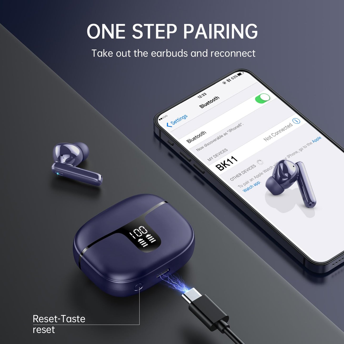 Auriculares Inalámbricos Bluetooth, Auriculares Bluetooth 5.3, Cancelación de Ruido ENC con HD Mic, 48H HiFi Estéreo Graves Cascos Inalambricos Carga Rápida USB-C, IPX7 Impermeable Cascos Inalambricos
