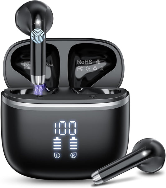 Auriculares Inalámbricos Bluetooth,Bluetooth 5.4 con 4 HD Mic，50H Cascos Inalambricos Bluetooth,Micrófono Estéreo ENC HD/IPX7 Impermeable/Pantalla LED para iOS/Android,2025,Negro