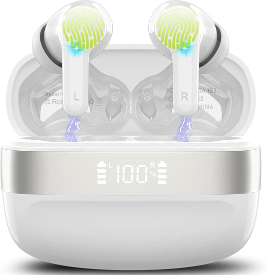 Auriculares inalambricos bluetooth 5.3 con sonido envolvente HIFI, 4 micrófonos ENC, pantalla LED, 40 horas de reproducción, Impermeables IPX7, Cascos inalambricos bluetooth para iOS y Android. Blanco