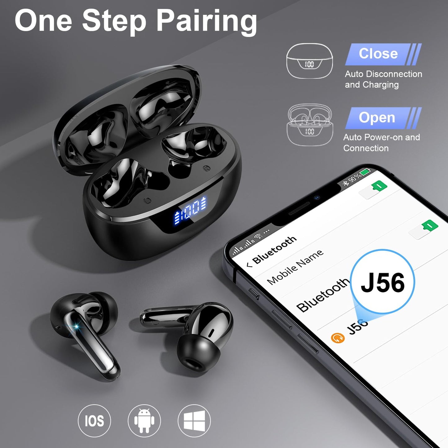 Auriculares Inalámbricos Bluetooth, Auriculares Bluetooth 5.3, Cancelación de Ruido ENC con HD Mic, 48H HiFi Estéreo Graves Cascos Inalambricos Carga Rápida USB-C, IPX7 Impermeable Cascos Inalambricos