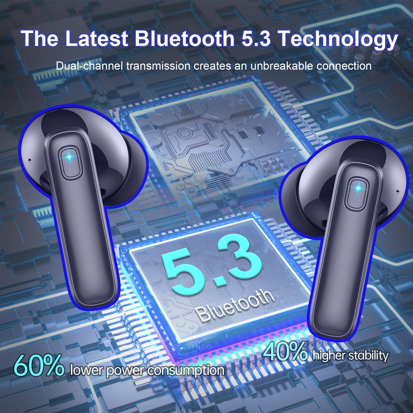 Auriculares Inalámbricos Bluetooth, Auriculares Bluetooth 5.3, Cancelación de Ruido ENC con HD Mic, 48H HiFi Estéreo Graves Cascos Inalambricos Carga Rápida USB-C, IPX7 Impermeable Cascos Inalambricos